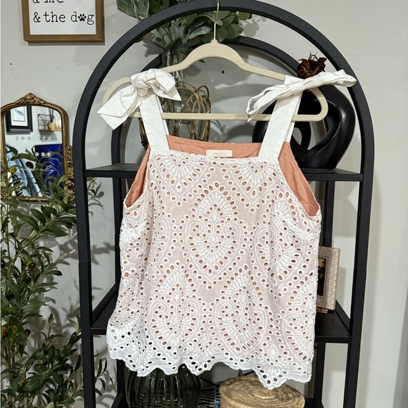 All Row Tops - ALL ROW Elegant White Eyelet Blouse with Bow Straps size large